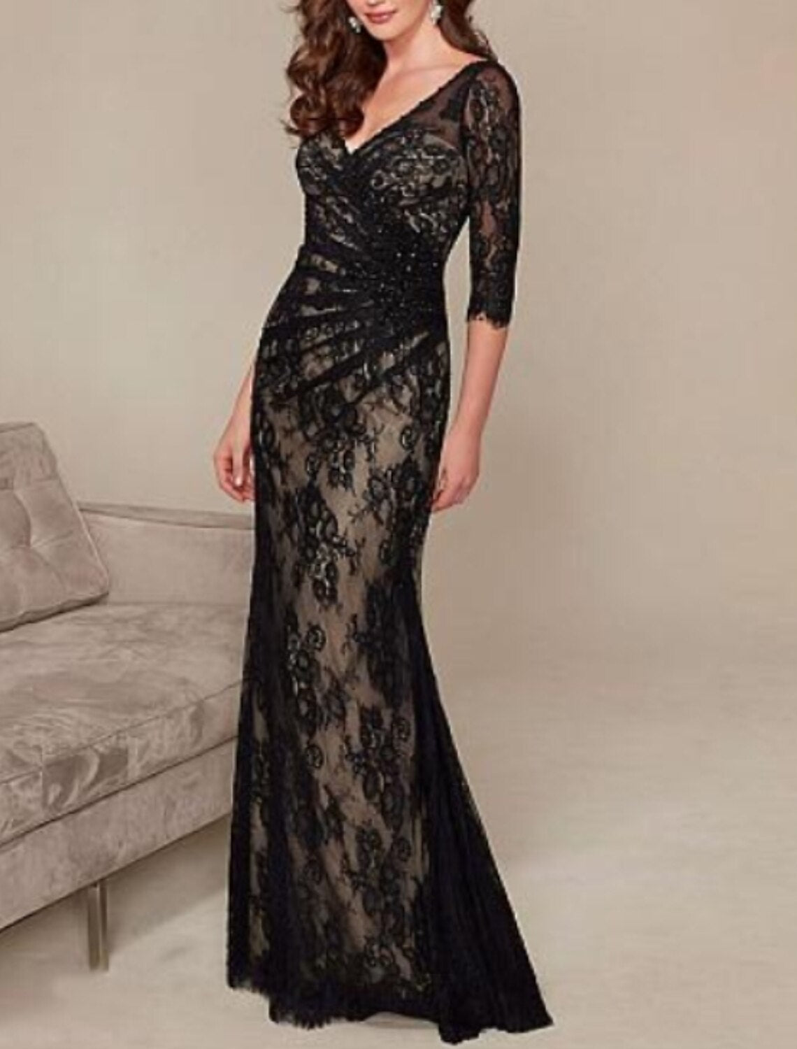 Sheath / Column Open Back Formal Evening Dress Plunging Neck 3/4 Length Sleeve Floor Length Lace with Ruched